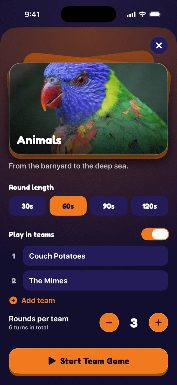 The Animals deck screen: the parrot cover, round length chips for 30, 60, 90 and 120 seconds with 60 selected, Play in teams switched on with Couch Potatoes and The Mimes, 3 rounds per team for 6 turns in total, and a Start Team Game button.